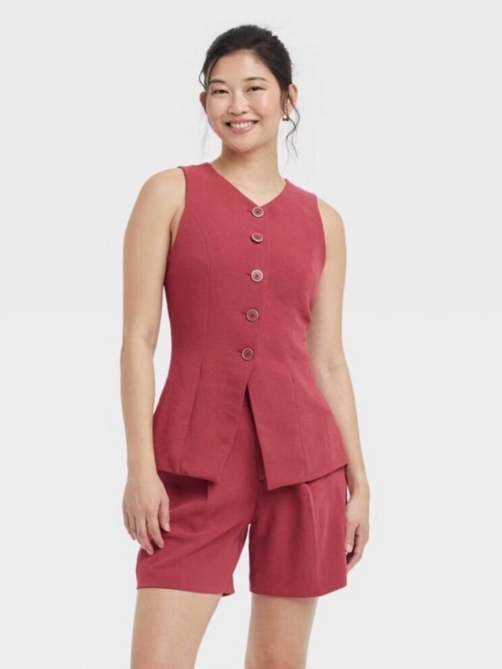 A New Day Button Up Vest Women’s Medium Burgundy Crepe Long Line V Neck - Picture 2 of 8